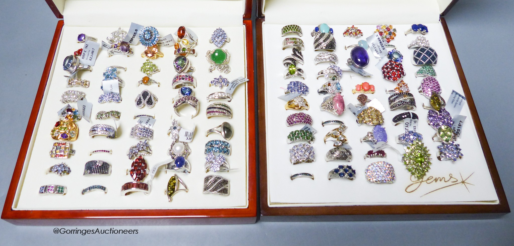 Ninety eight assorted modern 925 dress rings, in two boxes.